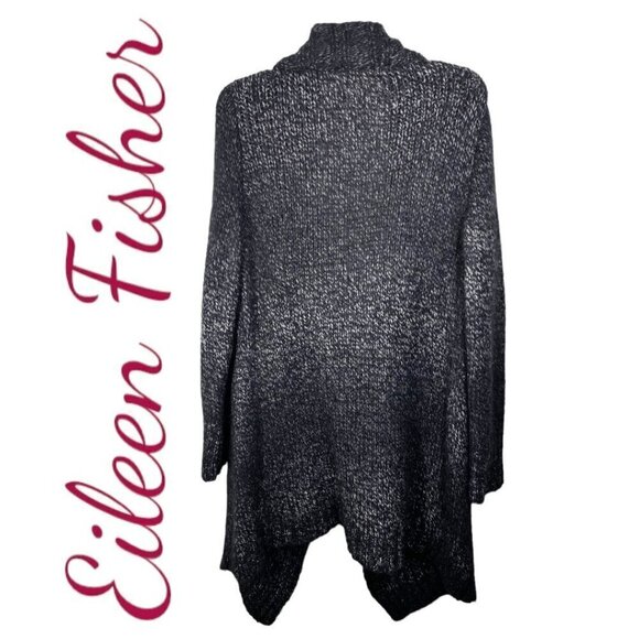 EILEEN FISHER Alpaca Fuzzy Wool Open Waterfall Cardigan Black & Gray, Medium - Picture 2 of 8